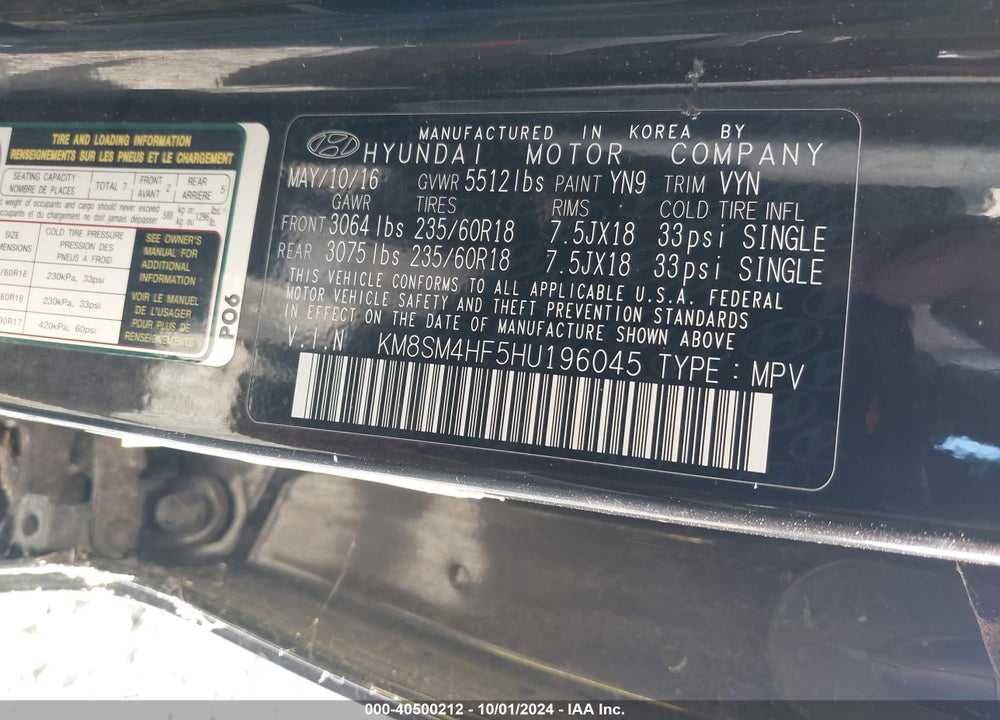 2017 HYUNDAI SANTA FE SE VIN: KM8SM4HF5HU196045