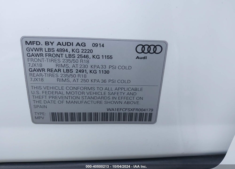 2015 AUDI Q3 2.0T PREMIUM PLUS VIN: WA1EFCFSXFR004179