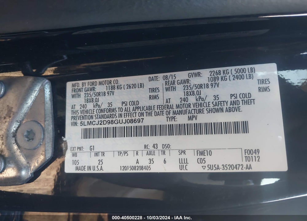 2016 LINCOLN MKC SELECT VIN: 5LMCJ2D98GUJ08697