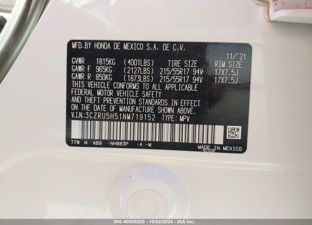 2022 HONDA HR-V 2WD EX VIN: 3CZRU5H51NM719152