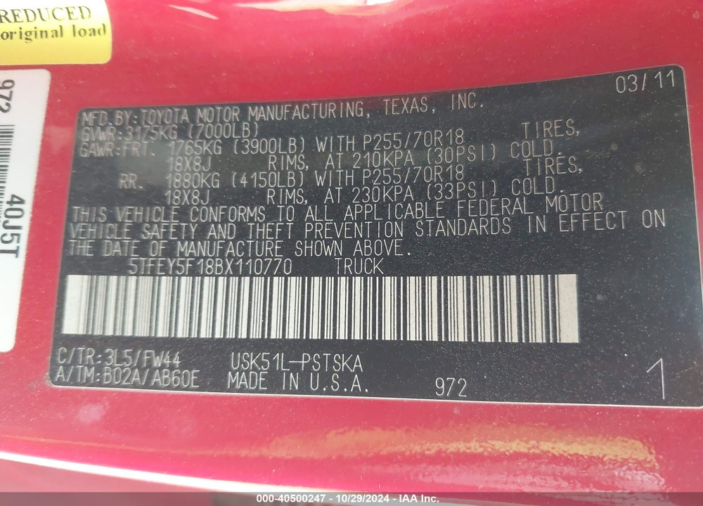 2011 TOYOTA TUNDRA GRADE 5.7L V8 VIN: 5TFEY5F18BX110770