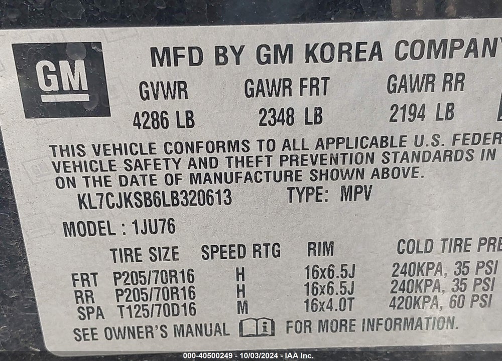 2020 CHEVROLET TRAX FWD LS VIN: KL7CJKSB6LB320613