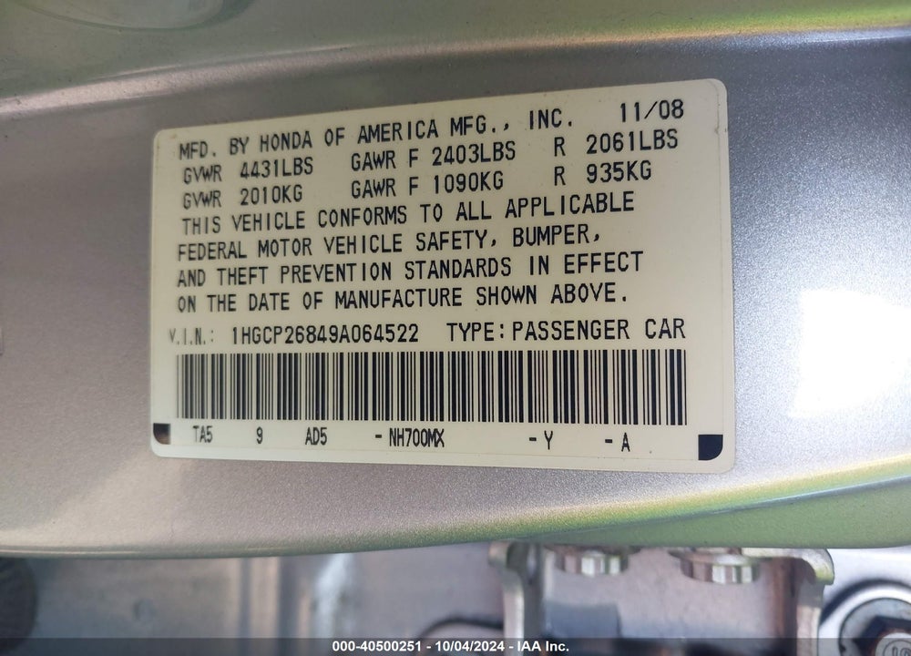 2009 HONDA ACCORD 2.4 EX-L VIN: 1HGCP26849A064522