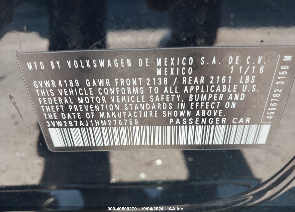 2017 VOLKSWAGEN JETTA 1.4T S VIN: 3VW2B7AJ1HM276759