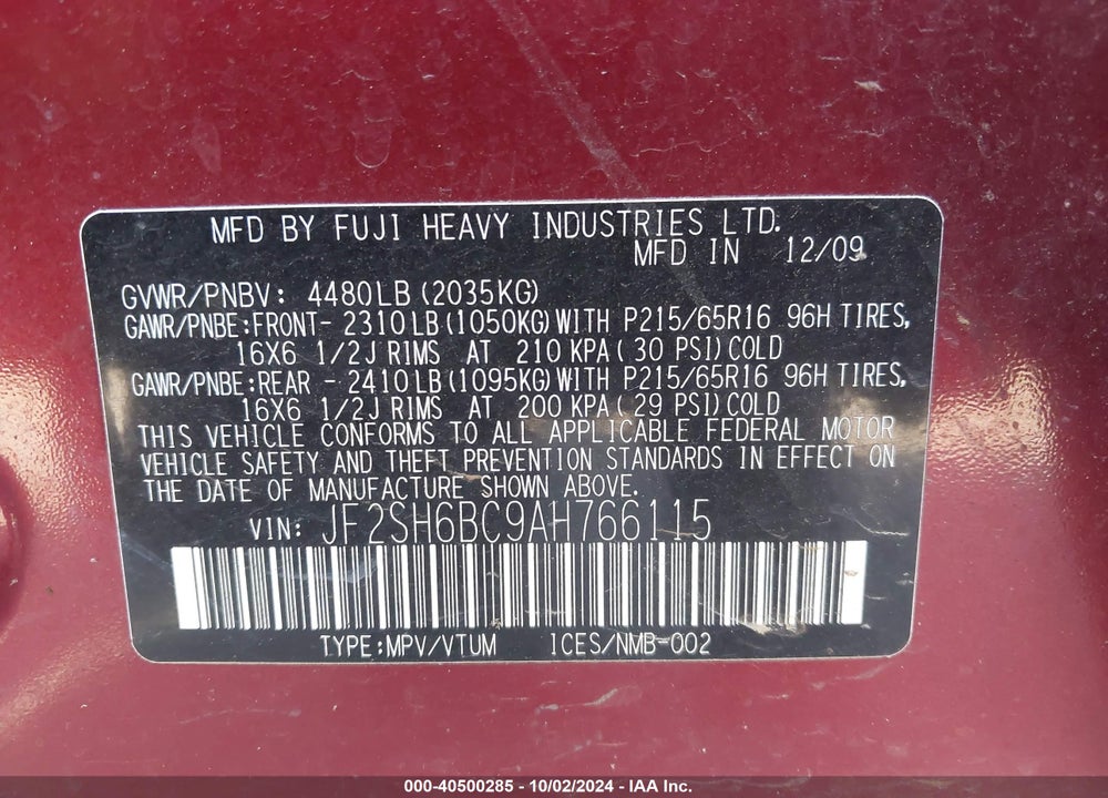 2010 SUBARU FORESTER 2.5X VIN: JF2SH6BC9AH766115