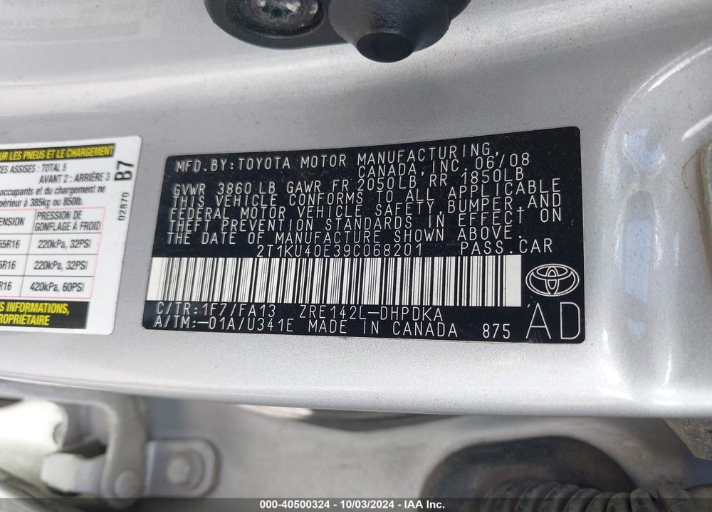 2009 TOYOTA MATRIX VIN: 2T1KU40E39C068201