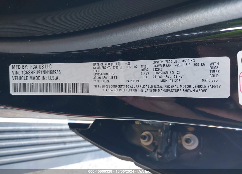 2022 RAM 1500 TRX VIN: 1C6SRFU91NN168936