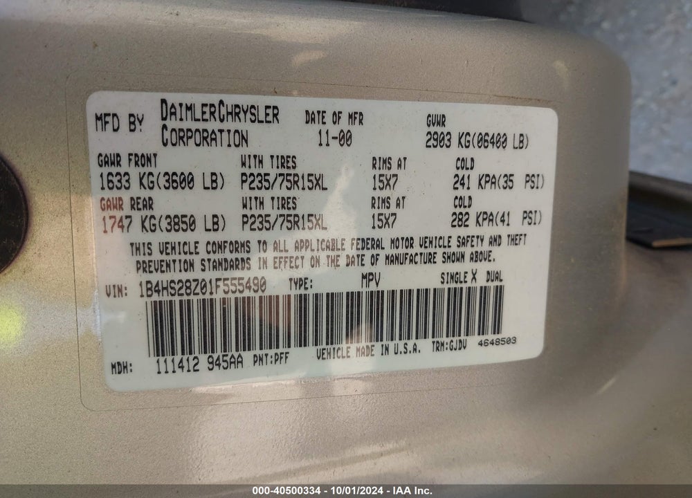 2001 DODGE DURANGO SLT VIN: 1B4HS28Z01F555490