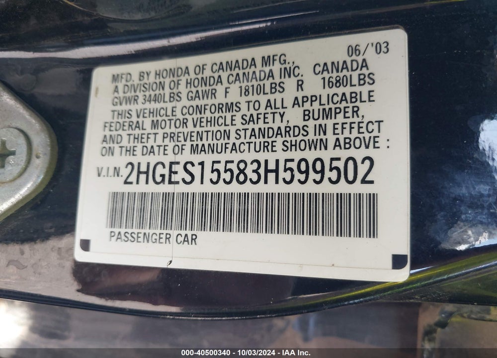 2003 HONDA CIVIC LX VIN: 2HGES15583H599502