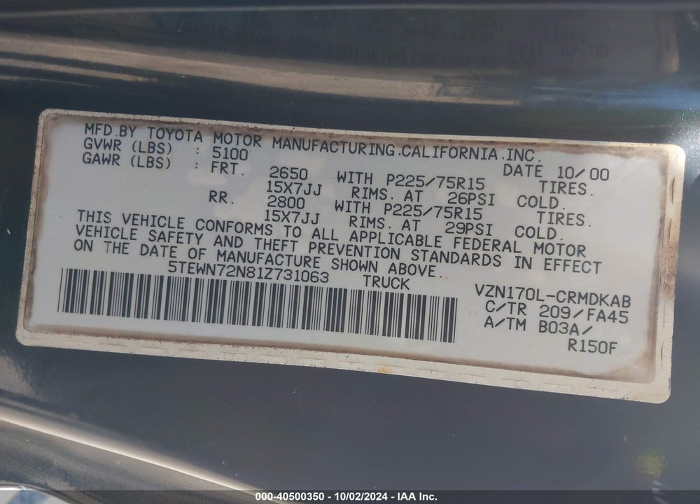 2001 TOYOTA TACOMA BASE V6 VIN: 5TEWN72N81Z731063
