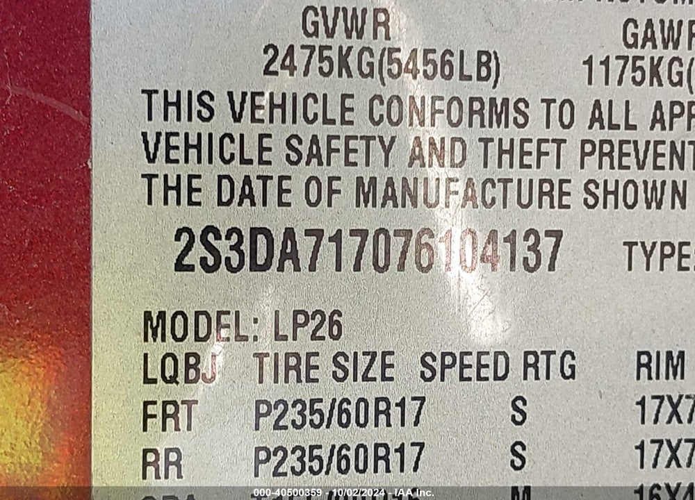 2007 SUZUKI XL7 LIMITED VIN: 2S3DA717076104137