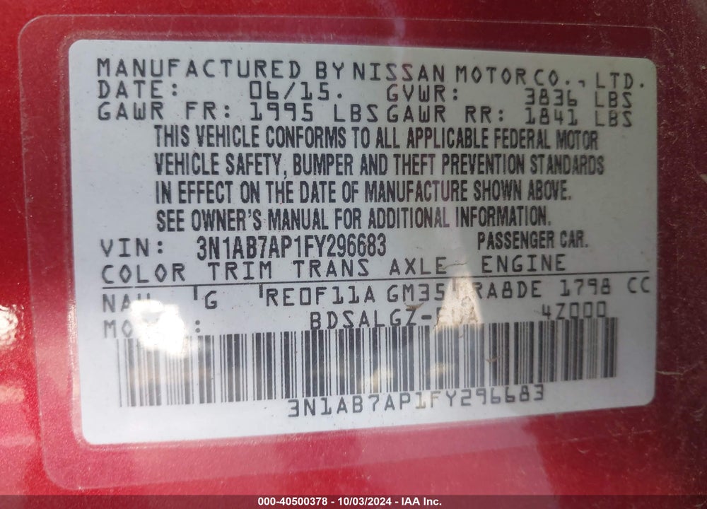 2015 NISSAN SENTRA SL VIN: 3N1AB7AP1FY296683