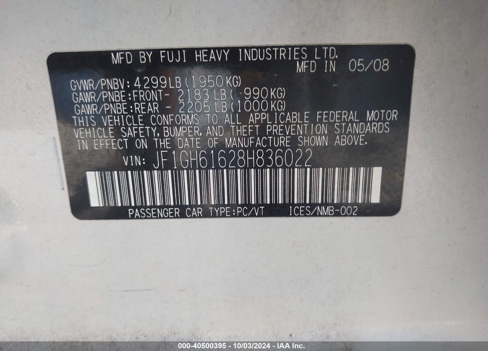 2008 SUBARU IMPREZA 2.5I VIN: JF1GH61628H836022