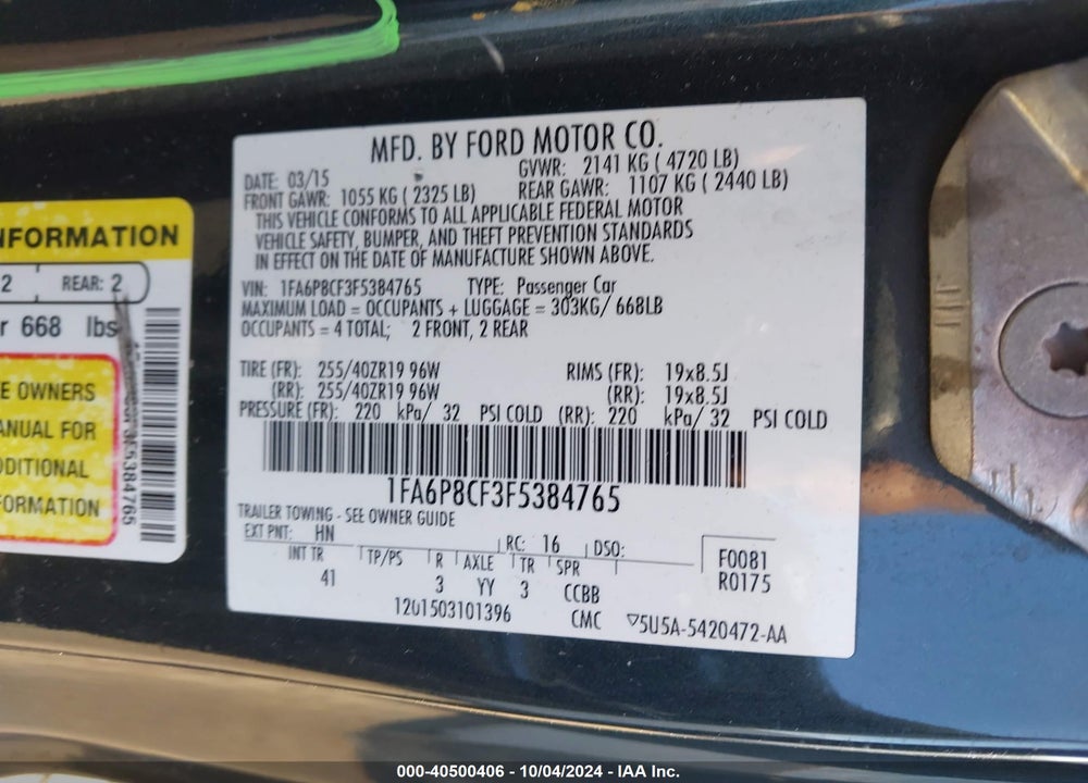 2015 FORD MUSTANG GT PREMIUM VIN: 1FA6P8CF3F5384765