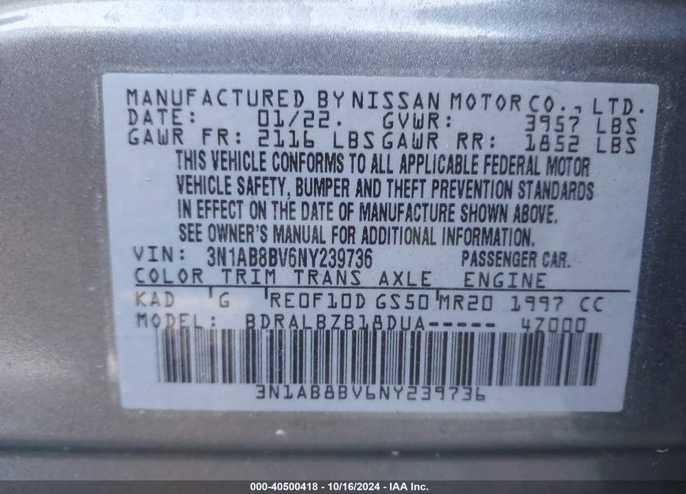 2022 NISSAN SENTRA S XTRONIC CVT VIN: 3N1AB8BV6NY239736