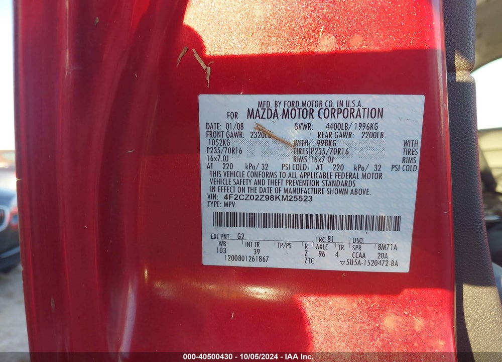 2008 MAZDA TRIBUTE I SPORT VIN: 4F2CZ02Z98KM25523