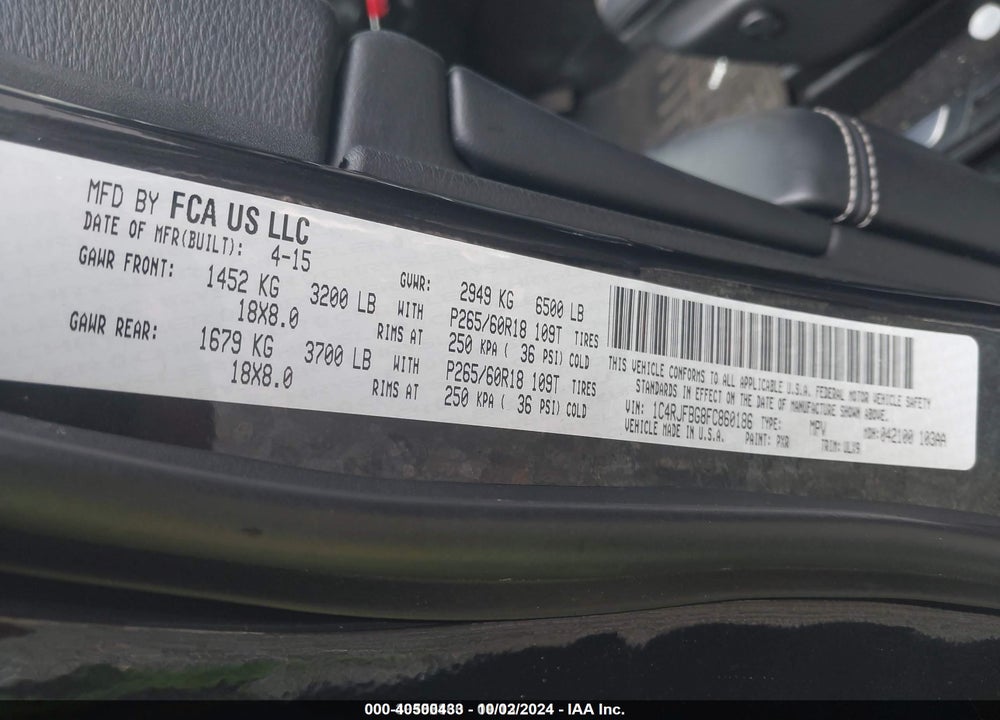 2015 JEEP GRAND CHEROKEE LIMITED VIN: 1C4RJFBG8FC860186