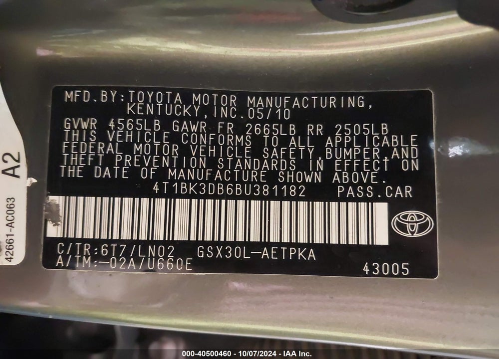 2011 TOYOTA AVALON LIMITED VIN: 4T1BK3DB6BU381182