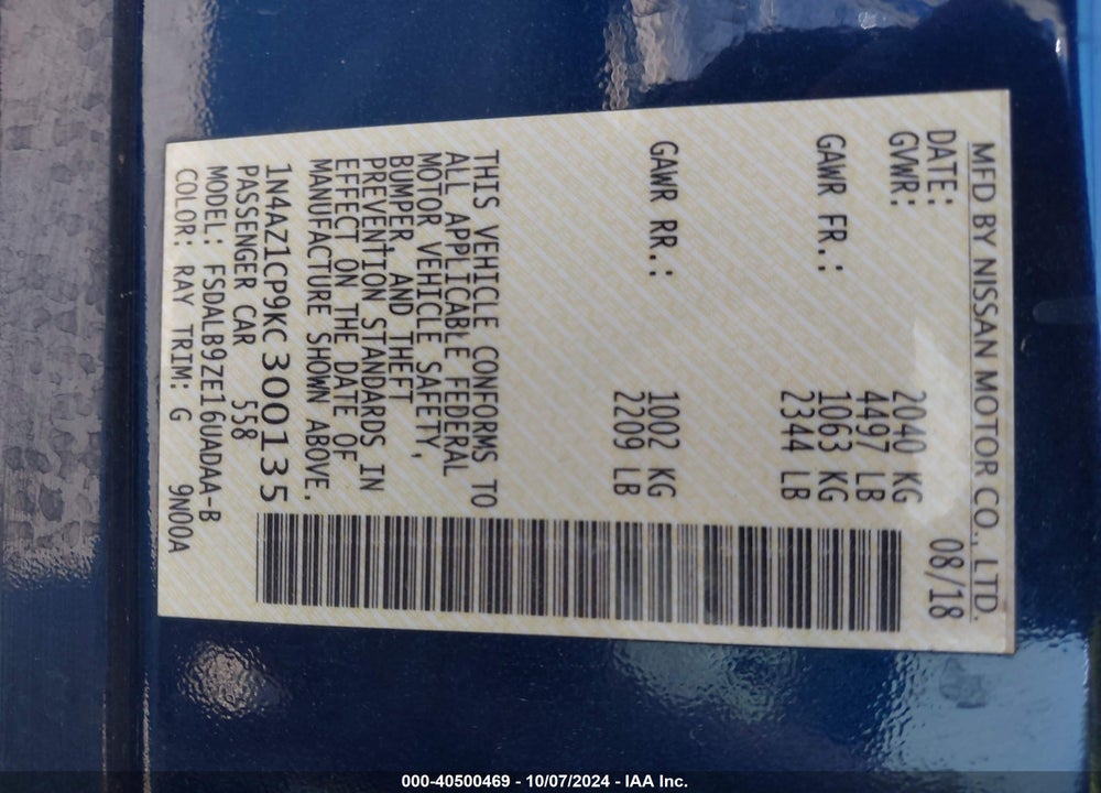 2019 NISSAN LEAF S VIN: 1N4AZ1CP9KC300135