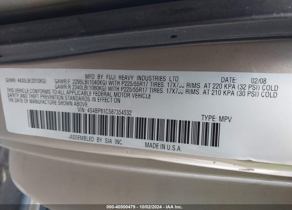 2008 SUBARU OUTBACK 2.5I/2.5I L.L. BEAN EDITION VIN: 4S4BP61C587354532