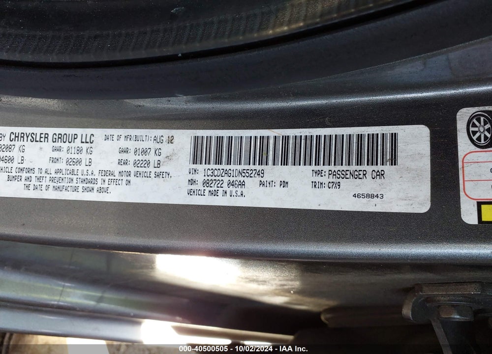 2013 DODGE AVENGER SE V6 VIN: 1C3CDZAG1DN552749