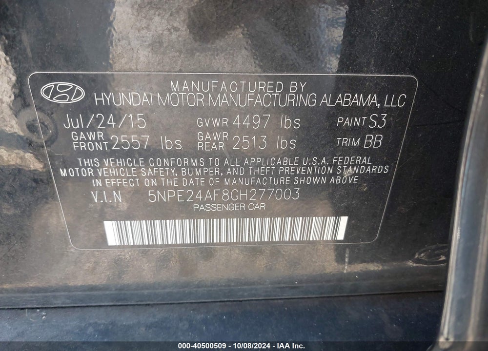 2016 HYUNDAI SONATA SE VIN: 5NPE24AF8GH277003