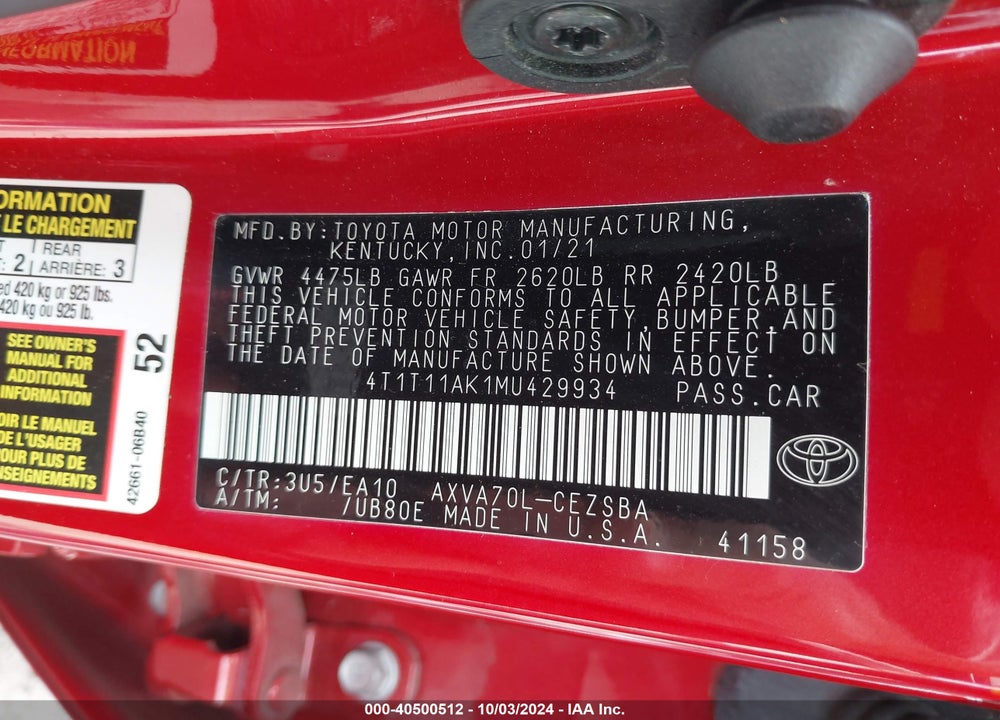 2021 TOYOTA CAMRY SE VIN: 4T1T11AK1MU429934