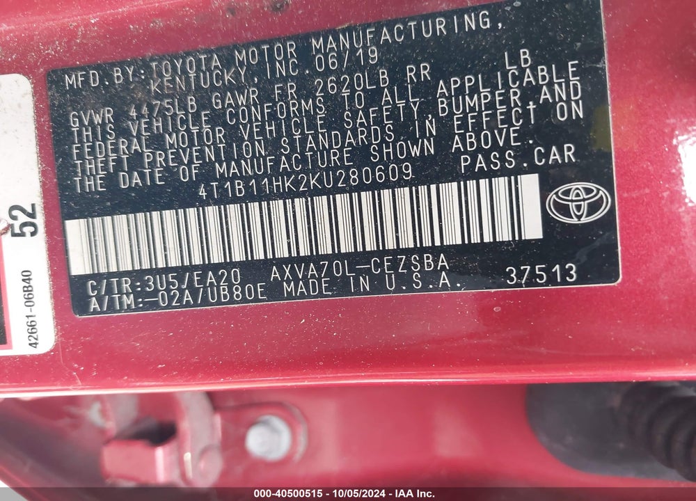 2019 TOYOTA CAMRY SE VIN: 4T1B11HK2KU280609