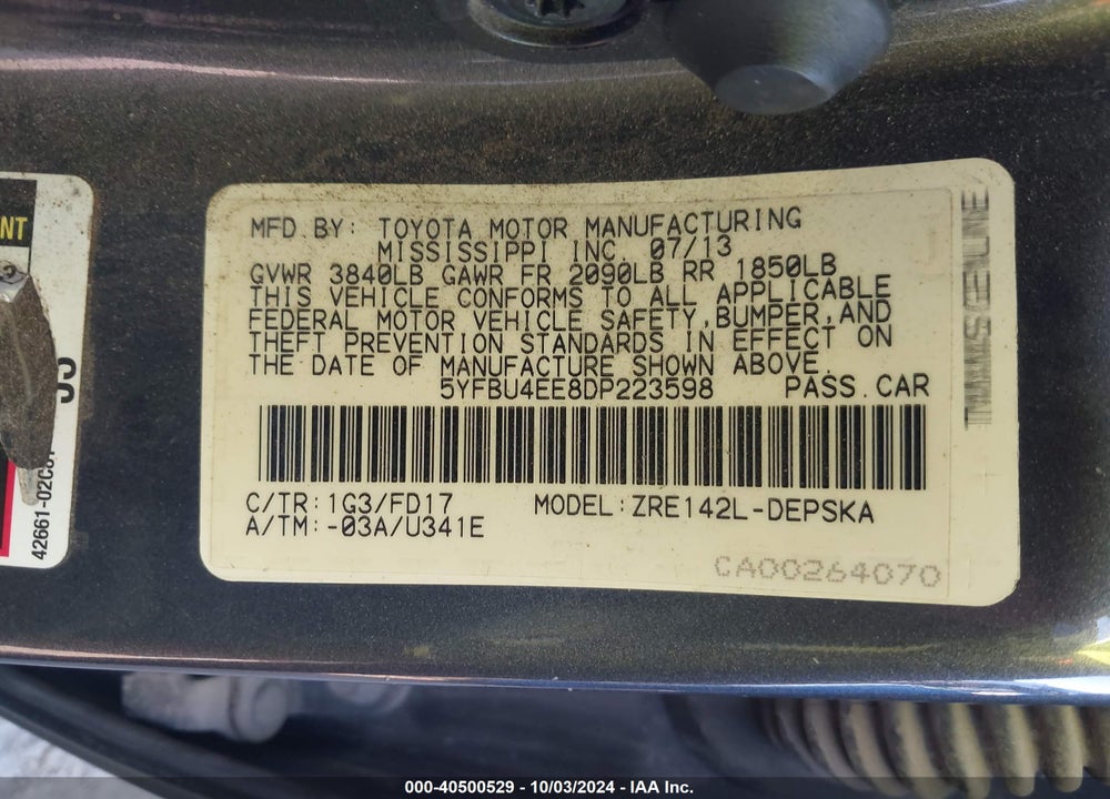 2013 TOYOTA COROLLA S VIN: 5YFBU4EE8DP223598
