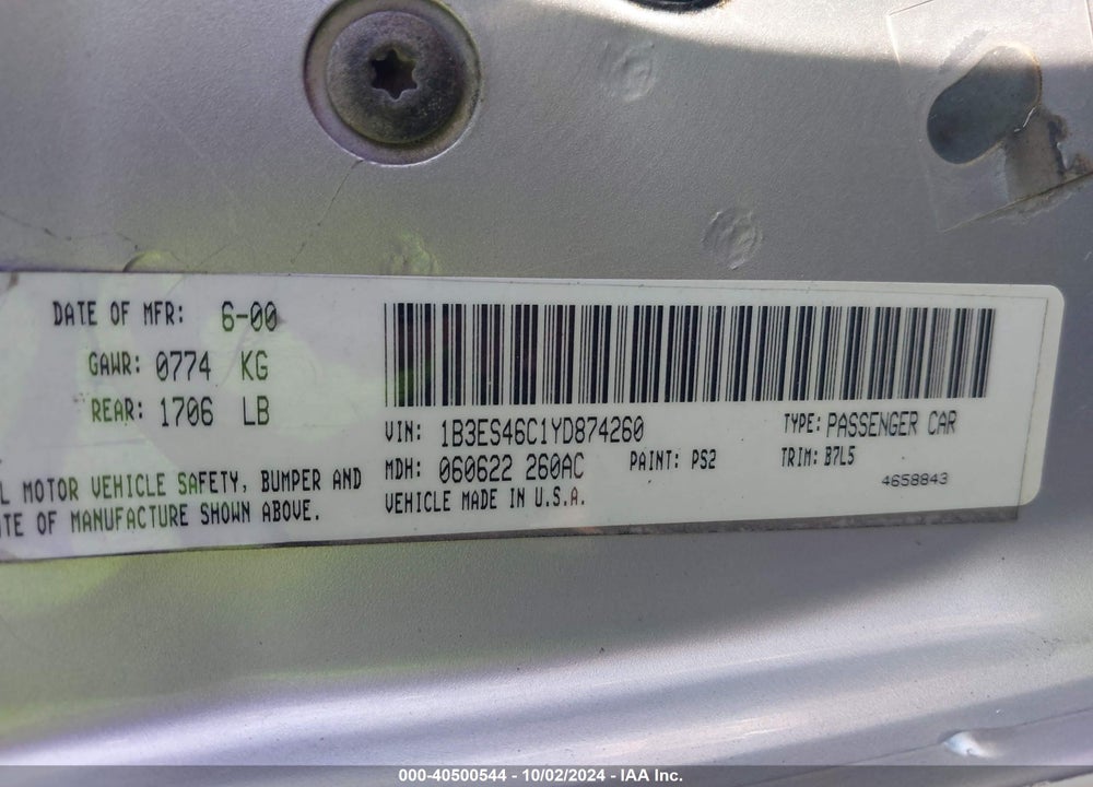 2000 DODGE NEON HIGHLINE VIN: 1B3ES46C1YD874260