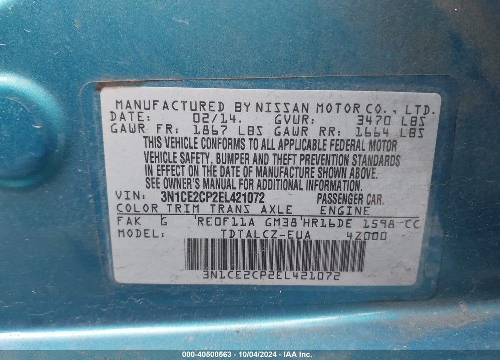2014 NISSAN VERSA NOTE S PLUS VIN: 3N1CE2CP2EL421072