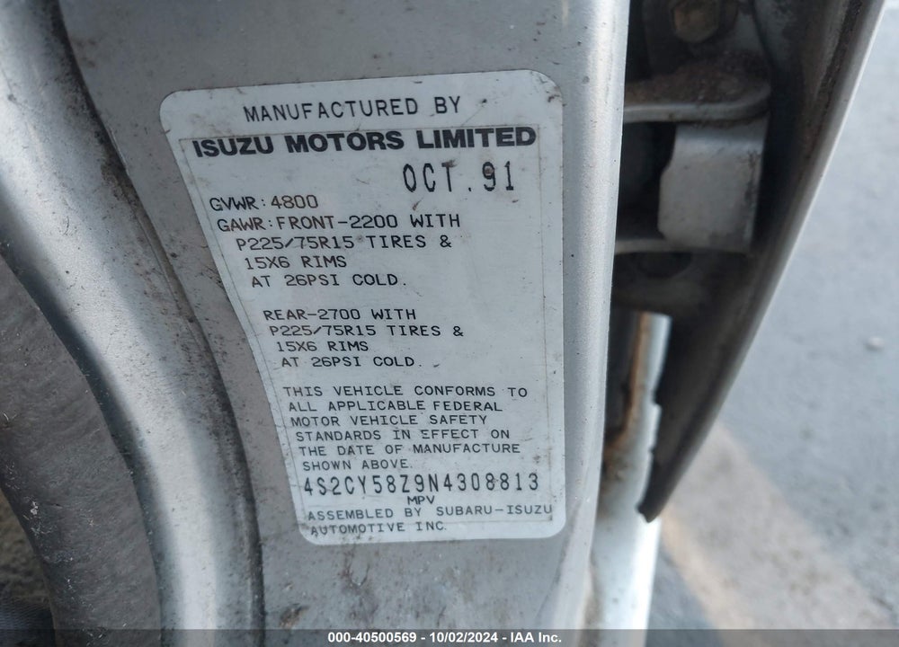 1992 ISUZU RODEO S/LS/XS VIN: 4S2CY58Z9N4308813