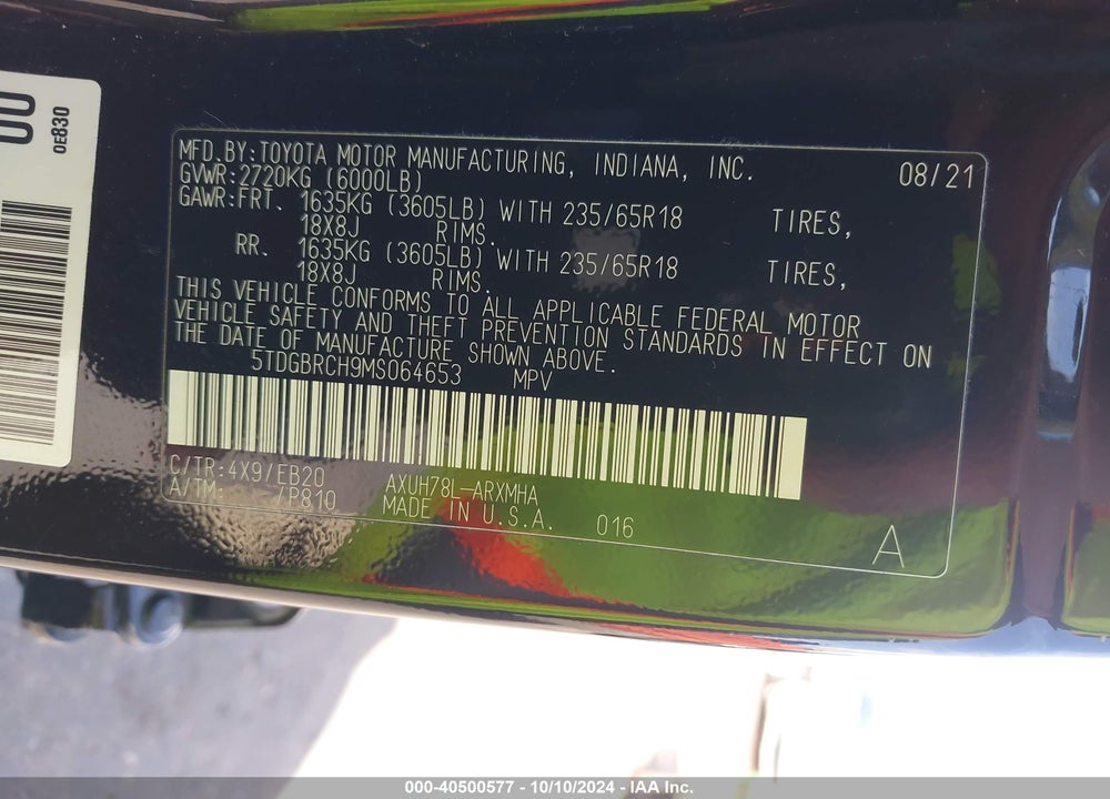 2021 TOYOTA HIGHLANDER HYBRID XLE VIN: 5TDGBRCH9MS064653