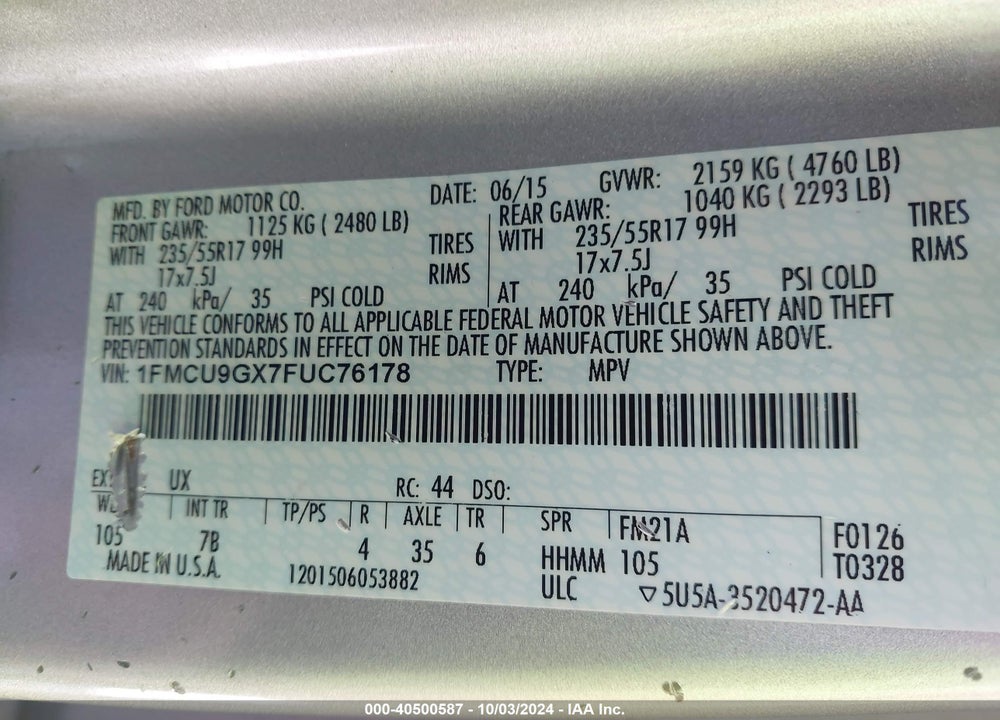 2015 FORD ESCAPE SE VIN: 1FMCU9GX7FUC76178