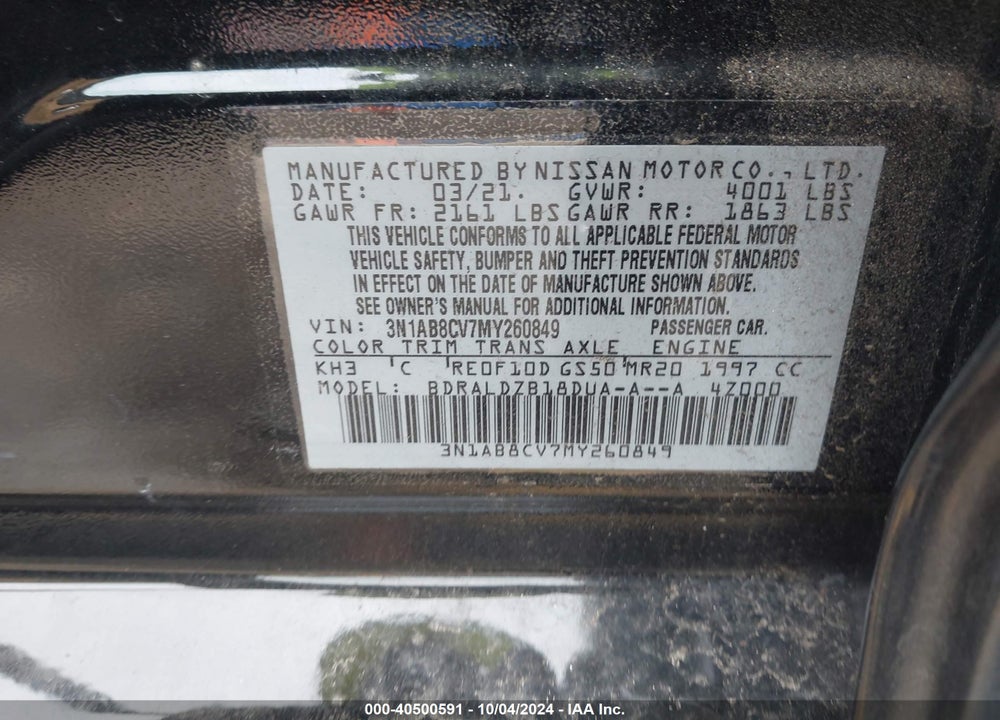 2021 NISSAN SENTRA VIN: 3N1AB8CV7MY260849