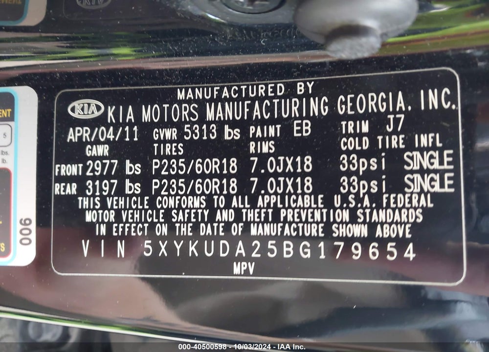 2011 KIA SORENTO EX V6 VIN: 5XYKUDA25BG179654