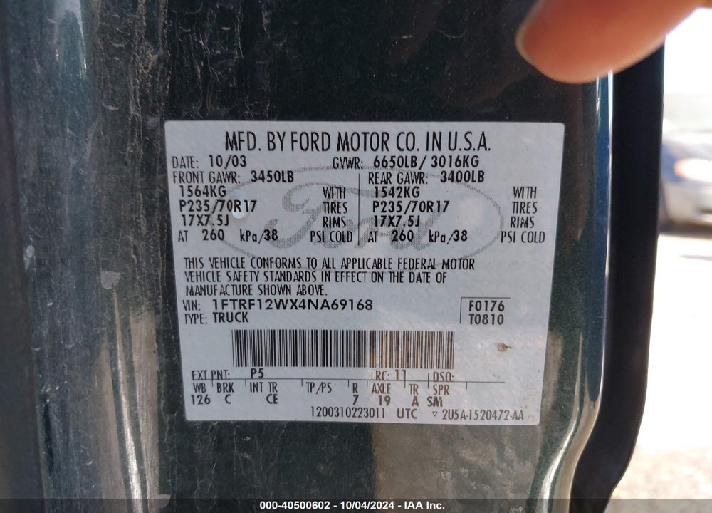 2004 FORD F-150 STX/XL/XLT VIN: 1FTRF12WX4NA69168