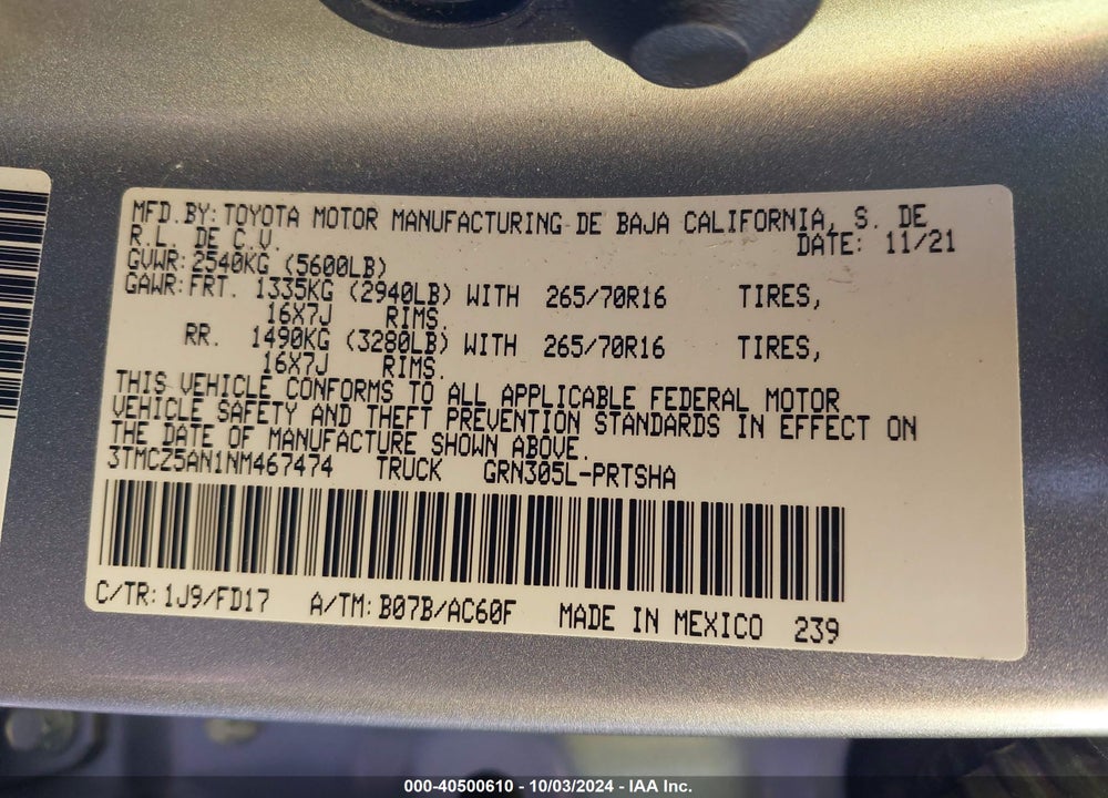 2022 TOYOTA TACOMA TRD OFF ROAD VIN: 3TMCZ5AN1NM467474