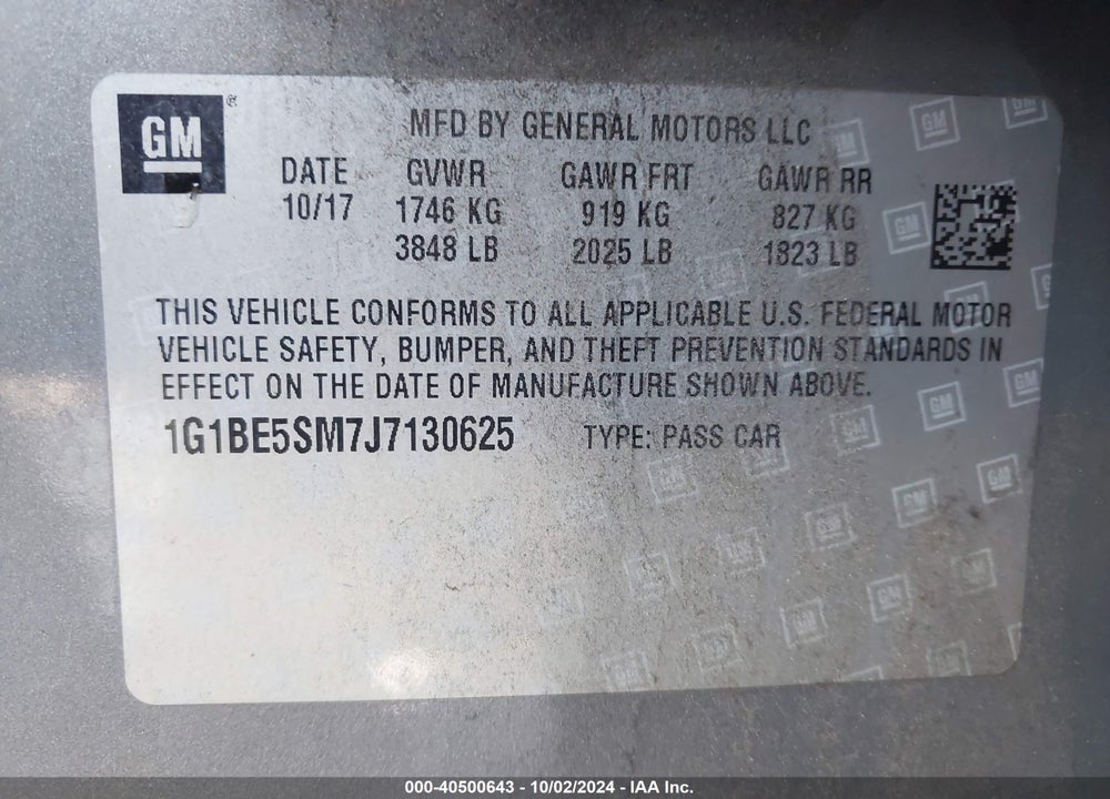 2018 CHEVROLET CRUZE LT AUTO VIN: 1G1BE5SM7J7130625