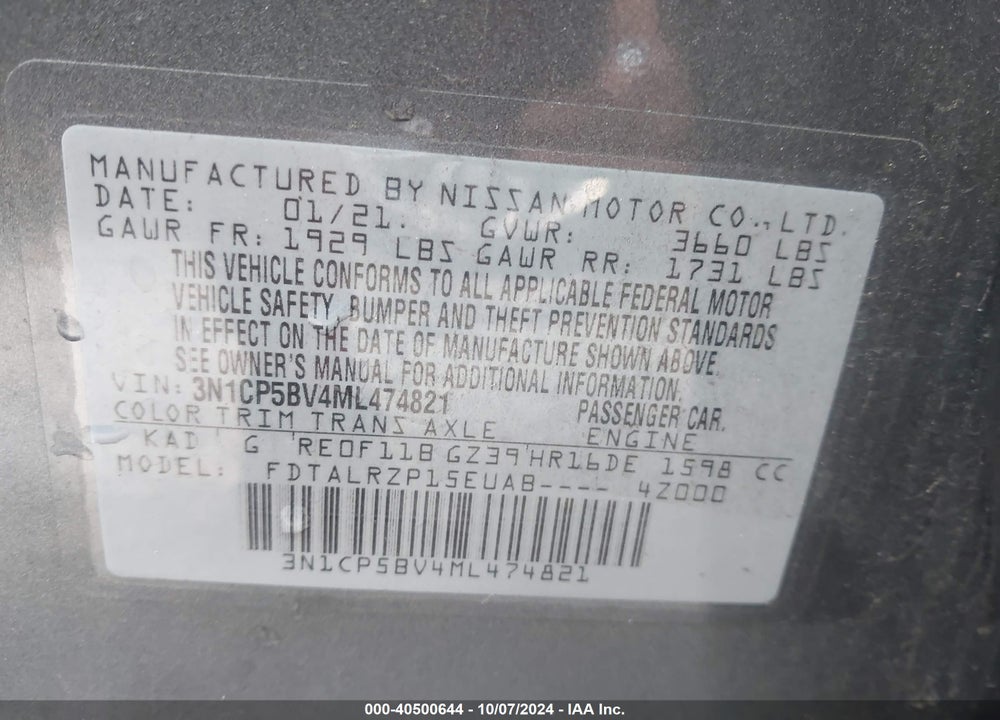 2021 NISSAN KICKS S XTRONIC CVT VIN: 3N1CP5BV4ML474821
