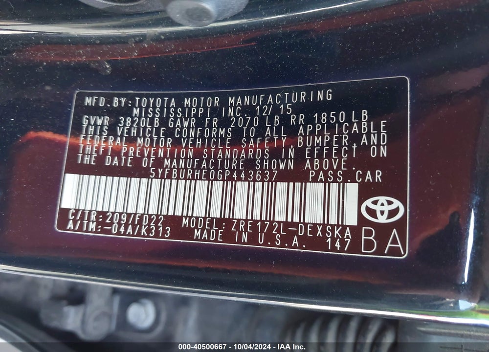 2016 TOYOTA COROLLA S PLUS VIN: 5YFBURHE0GP443637