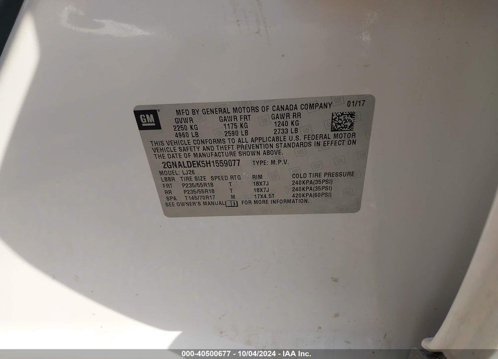 2017 CHEVROLET EQUINOX PREMIER VIN: 2GNALDEK5H1559077