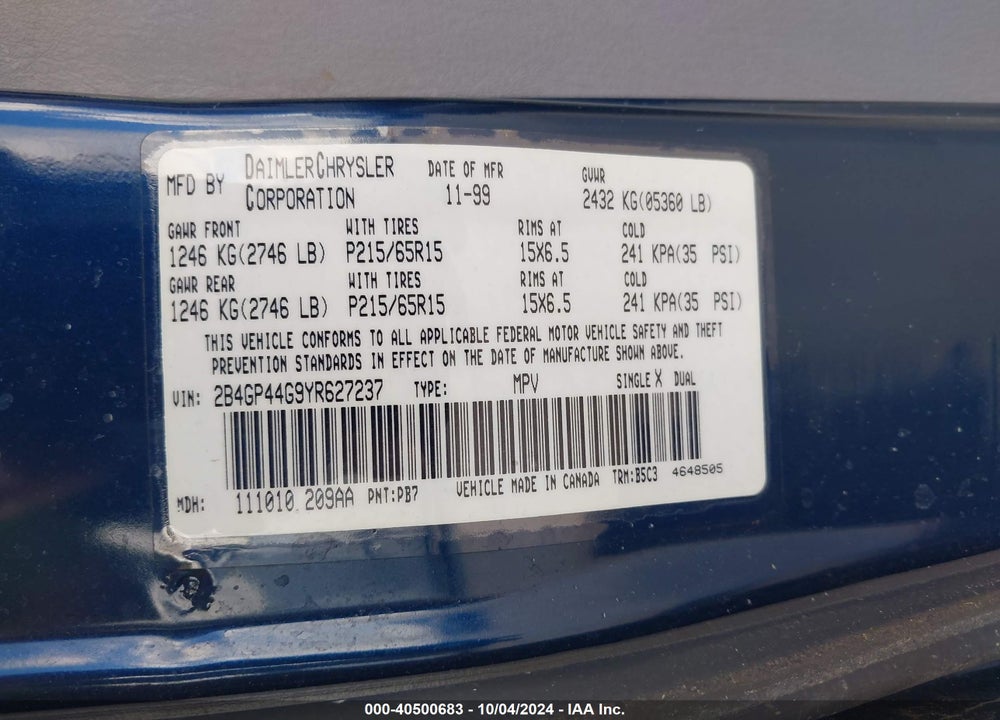 2000 DODGE GRAND CARAVAN SE VIN: 2B4GP44G9YR627237