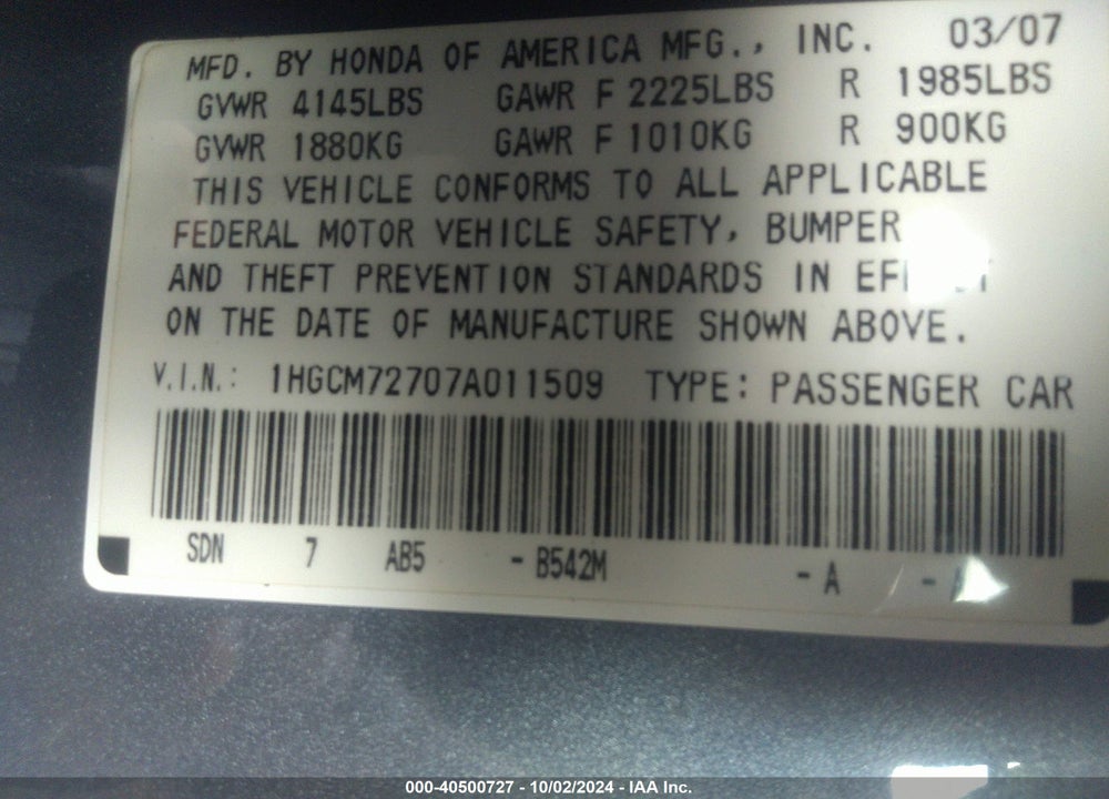 2007 HONDA ACCORD 2.4 EX VIN: 1HGCM72707A011509