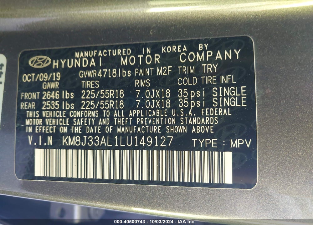 2020 HYUNDAI TUCSON SEL VIN: KM8J33AL1LU149127