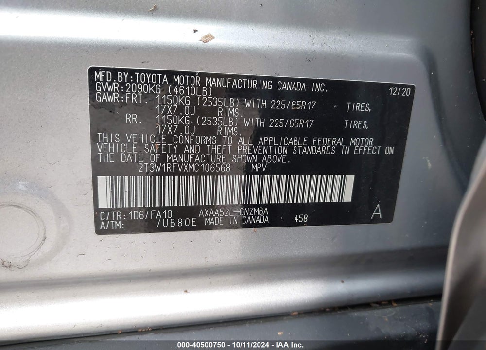 2021 TOYOTA RAV4 XLE VIN: 2T3W1RFVXMC106568