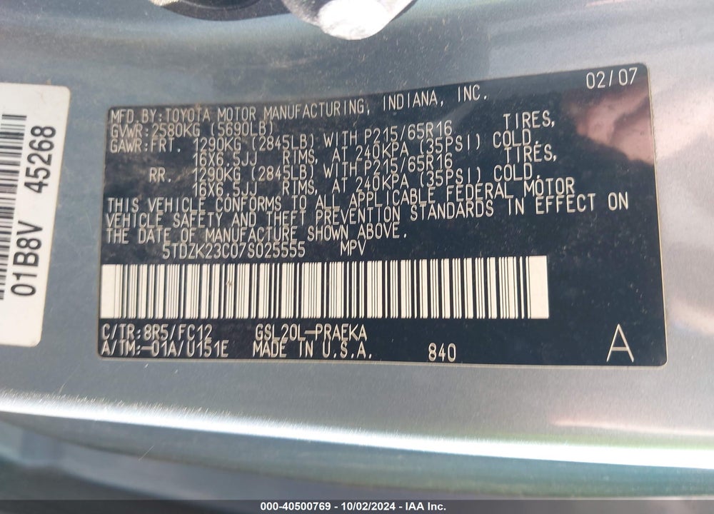 2007 TOYOTA SIENNA LE VIN: 5TDZK23C07S025555