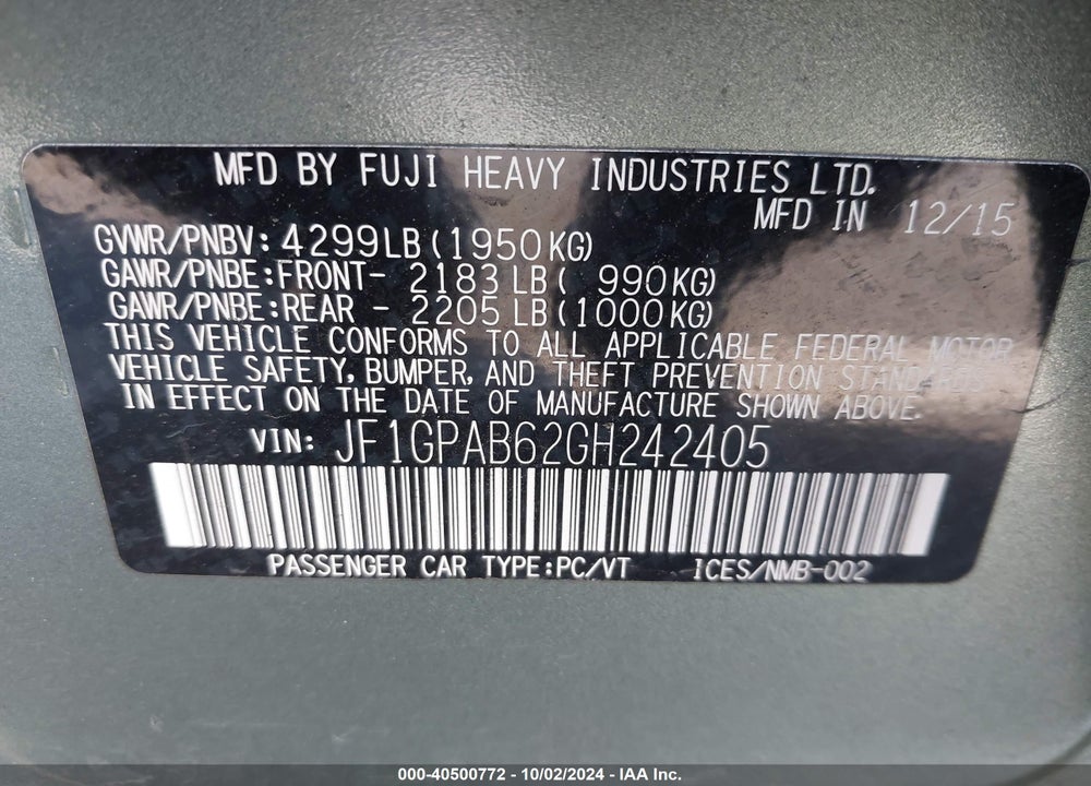 2016 SUBARU IMPREZA 2.0I PREMIUM VIN: JF1GPAB62GH242405