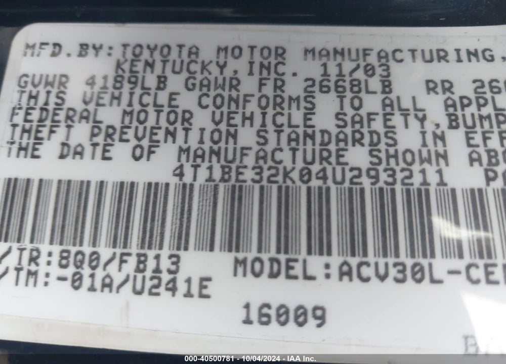 2004 TOYOTA CAMRY LE VIN: 4T1BE32K04U293211