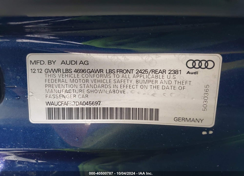 2013 AUDI A5 2.0T PREMIUM VIN: WAUCFAFR7DA045697